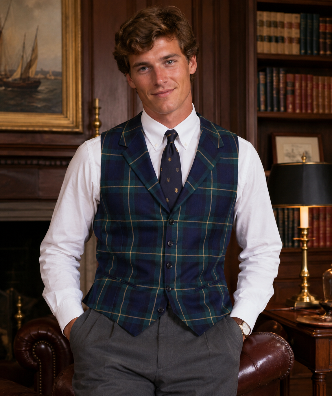 "J. Press Green/ Navy Tartan Plaid Wool Waistcoat" Sz L (NWOT)