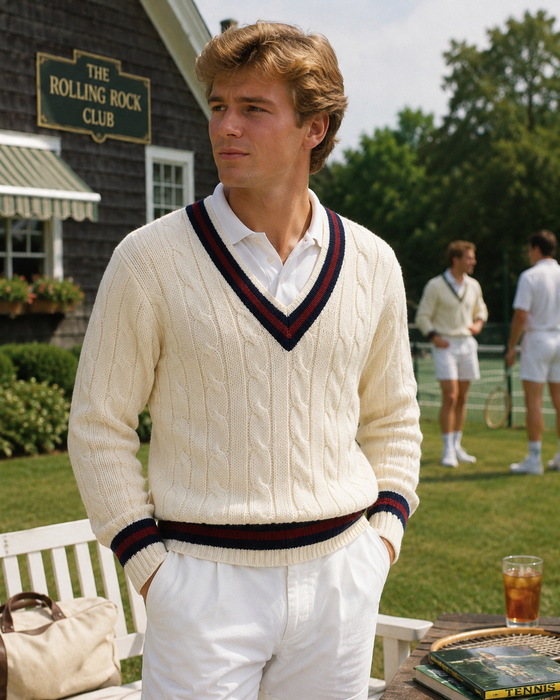 "O'Connell's Wool Cricket Sweater - Cream w/ Navy & Burgundy" Sz 44/ L (NWOT)