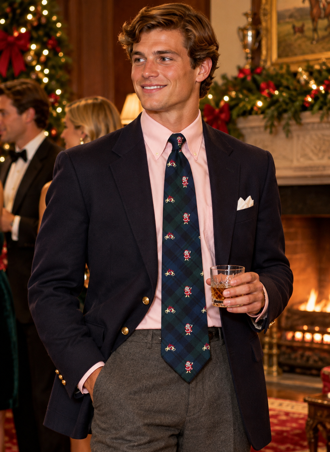 Brooks Brothers Black Watch Navy/ Green Tartan English Silk w/ Red Santa Club Tie (NWT)