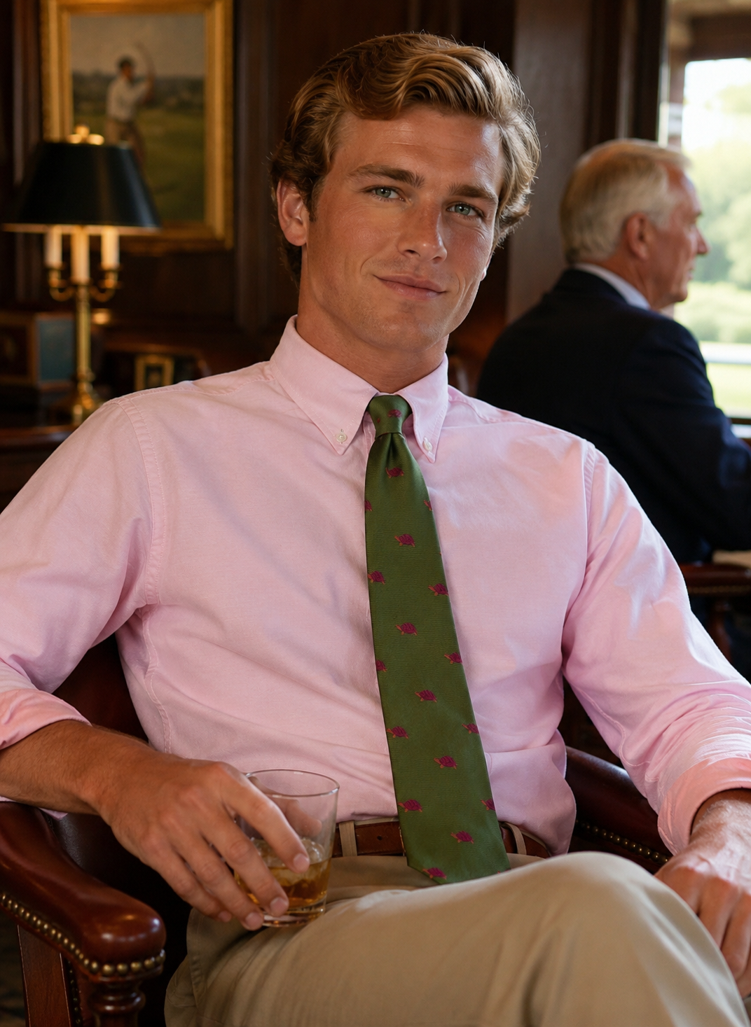 "Seaward & Stearn x Ben Silver Charleston Olive Green English Silk w/ Coral Turtle Print Club Tie" (LNWOT)