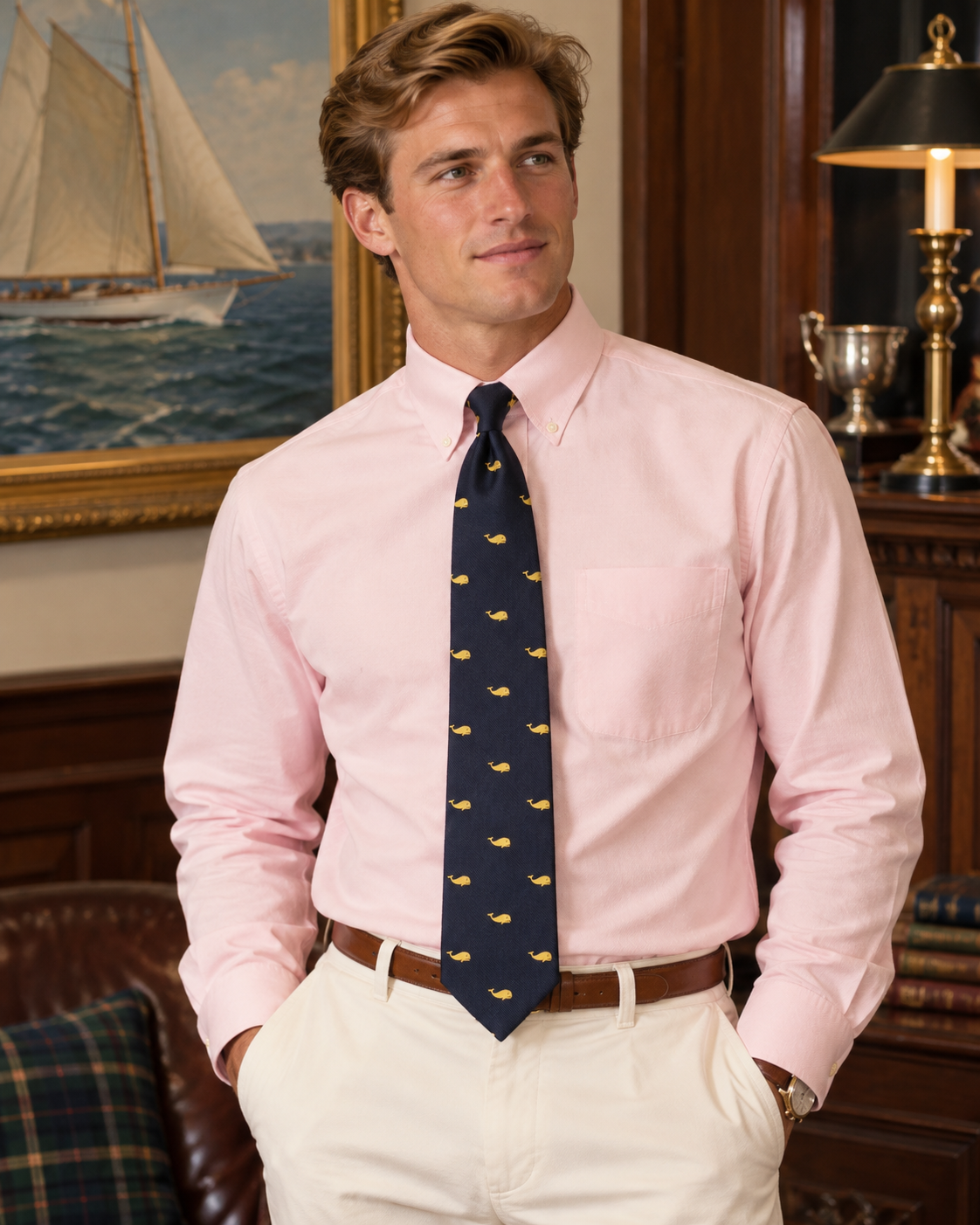 "J. Press Irish Silk Navy w/ Yellow Whale Emblematic Club Tie" (Deadstock/ NWT & Bag)
