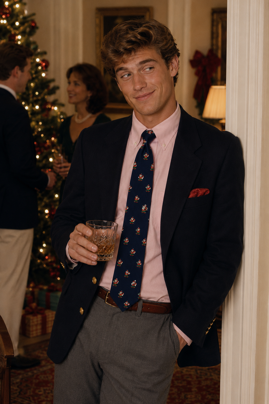 "Chipp Santa Reading w/ Elves Christmas Navy Club Tie"