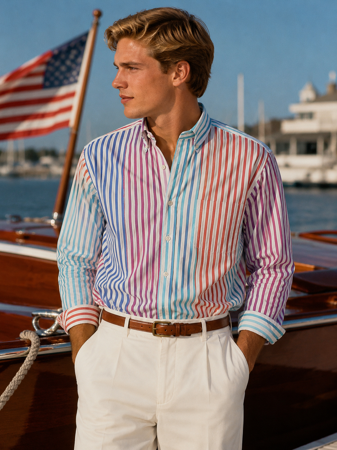 Paul Stuart Multi/ Bold Stripe Straight Collar Sport Shirt Sz M