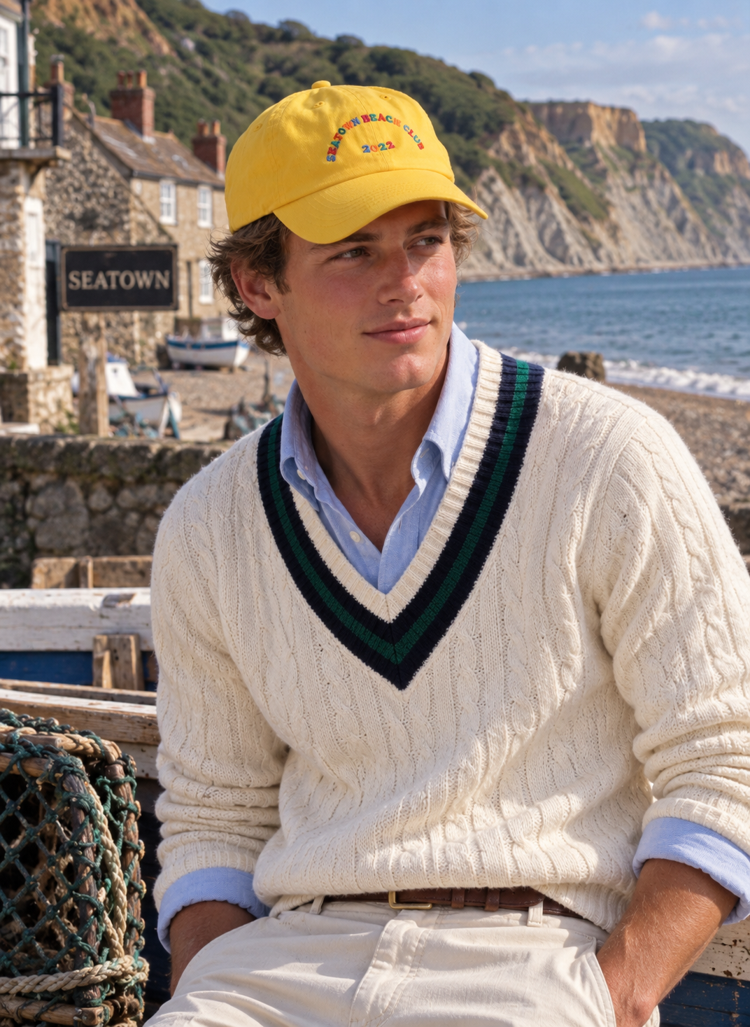 "Drake's London Seatown Beach Club 2022 Yellow Cotton Twill Baseball Cap" OSFA (NWT)