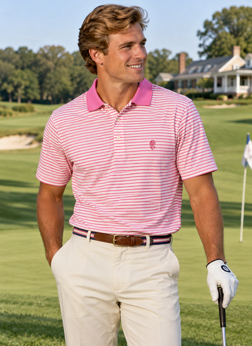 Piping Rock Club x Polo Ralph Lauren Golf Pink Stripe Pima Cotton S/S Sport Shirt Sz M