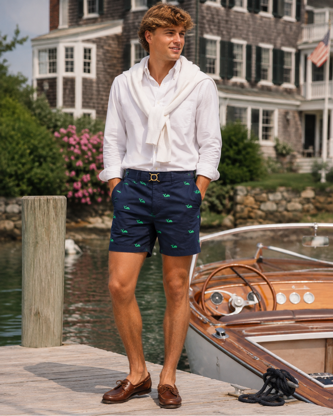 O'Connell's Embroidered Navy Poplin Swimtrunks w/ Kelly Green Whales Sz 33 (NWT)