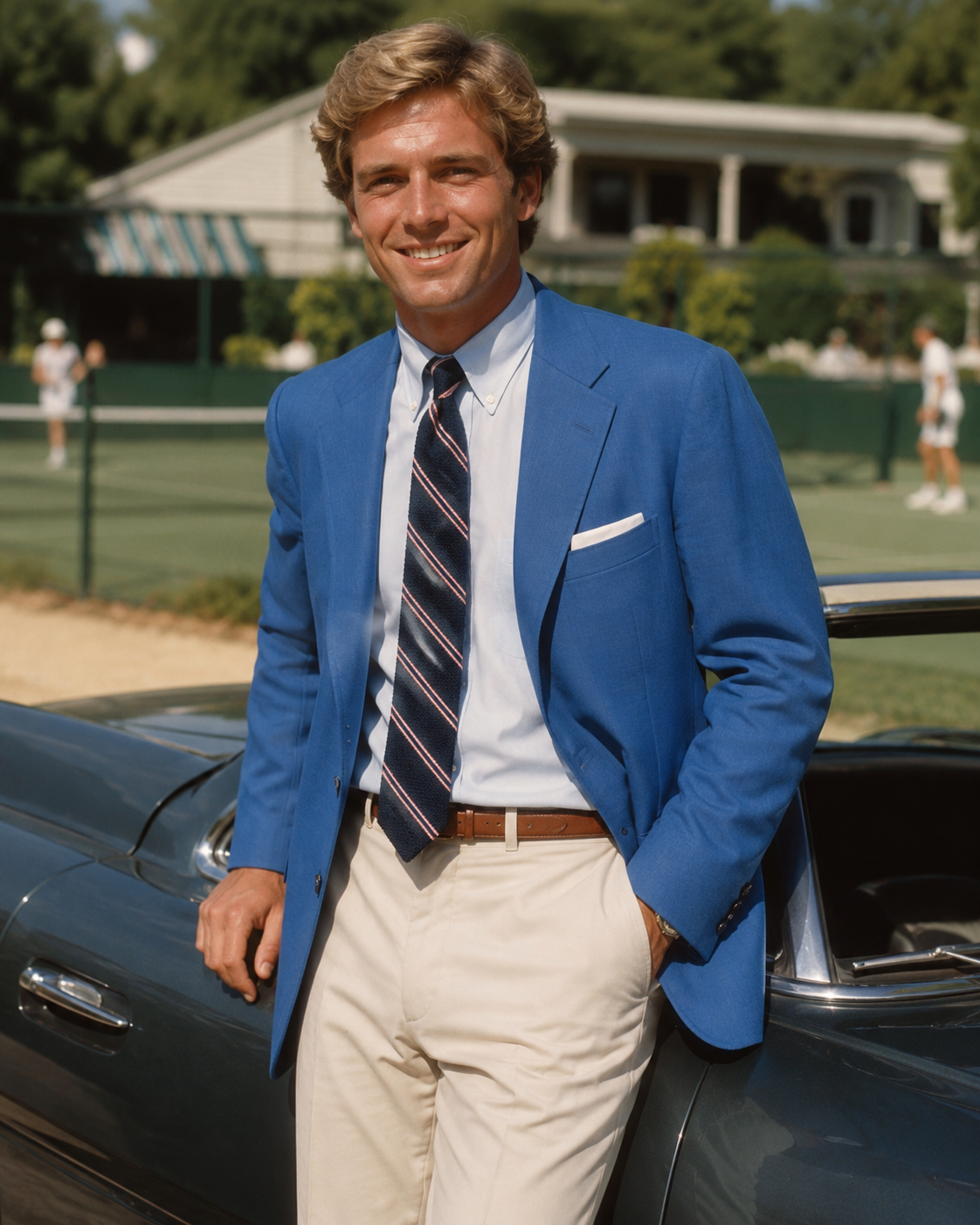 "Chipp Blue Hopsack c1993 Club Blazer w/ Tennis Racquet Print Yellow Lining" Sz 44R