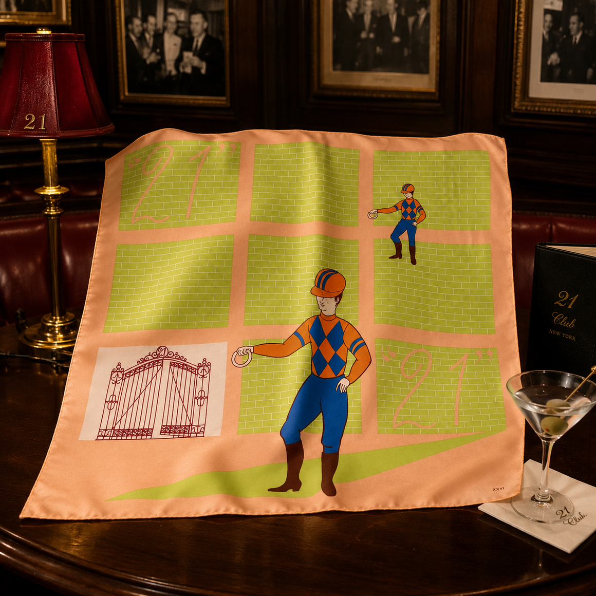 The "21" Club Lime & Peach Silk Scarf w/ Jockey Logo XXV
