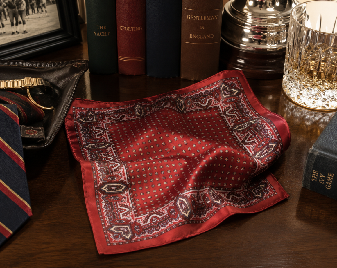 The Andover Shop Burgundy/ Blue Foulard English Silk Pocket Square (NWOT)