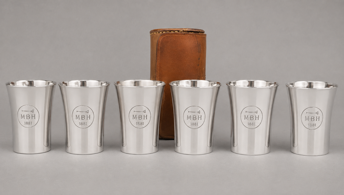 "Set x 7 Meadow Brook Club Gorham Sterling Silver c1920s Polo Jigger Cups" (SOLD)