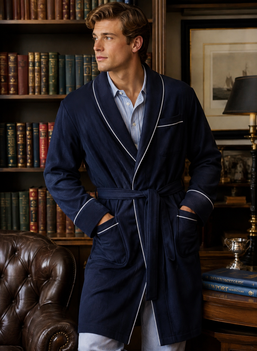 "Brooks Brothers Navy Lambswool Dressing Gown w/ Silver Cord Piping Handmade In England" Sz L (LNWOT)