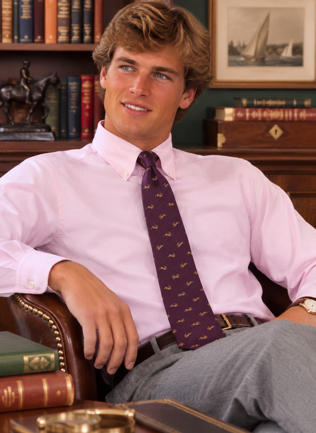 "Seaward & Stearn London Country Collection Plum Hare Silk Club Tie" (NWOT)