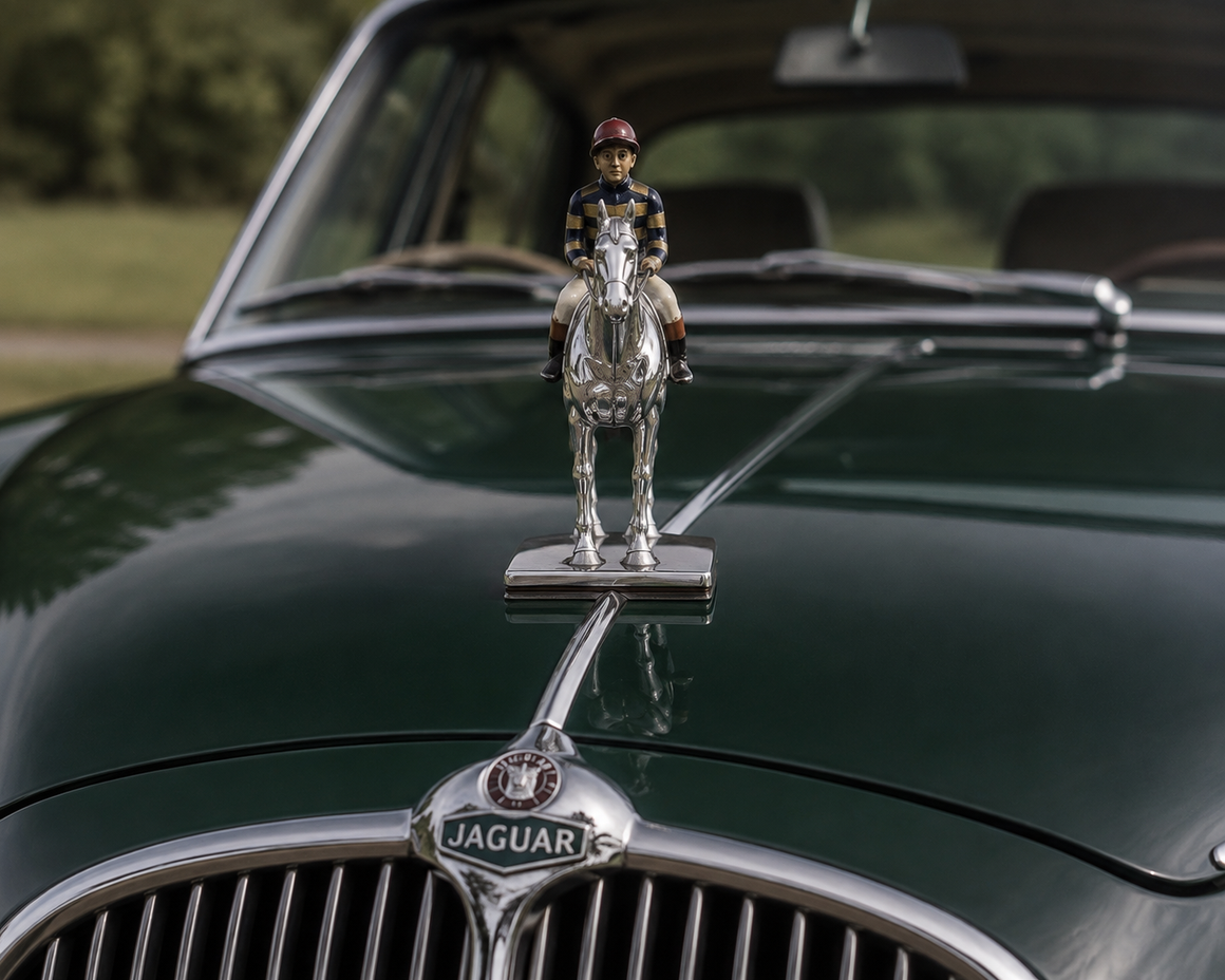 Louis Lejeune Ltd. Windsor, Standing Thoroughbred w/ Jockey Large Chrome Car Mascot w/ Hand-Enamel Painted Jockey Silk Colours Provenance: The Susie Hilfiger Collection