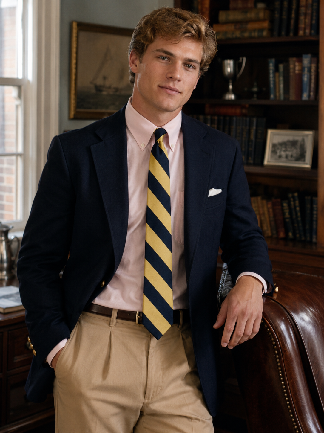 J. Press Yellow/ Navy Repp Stripe English Silk Club Tie
