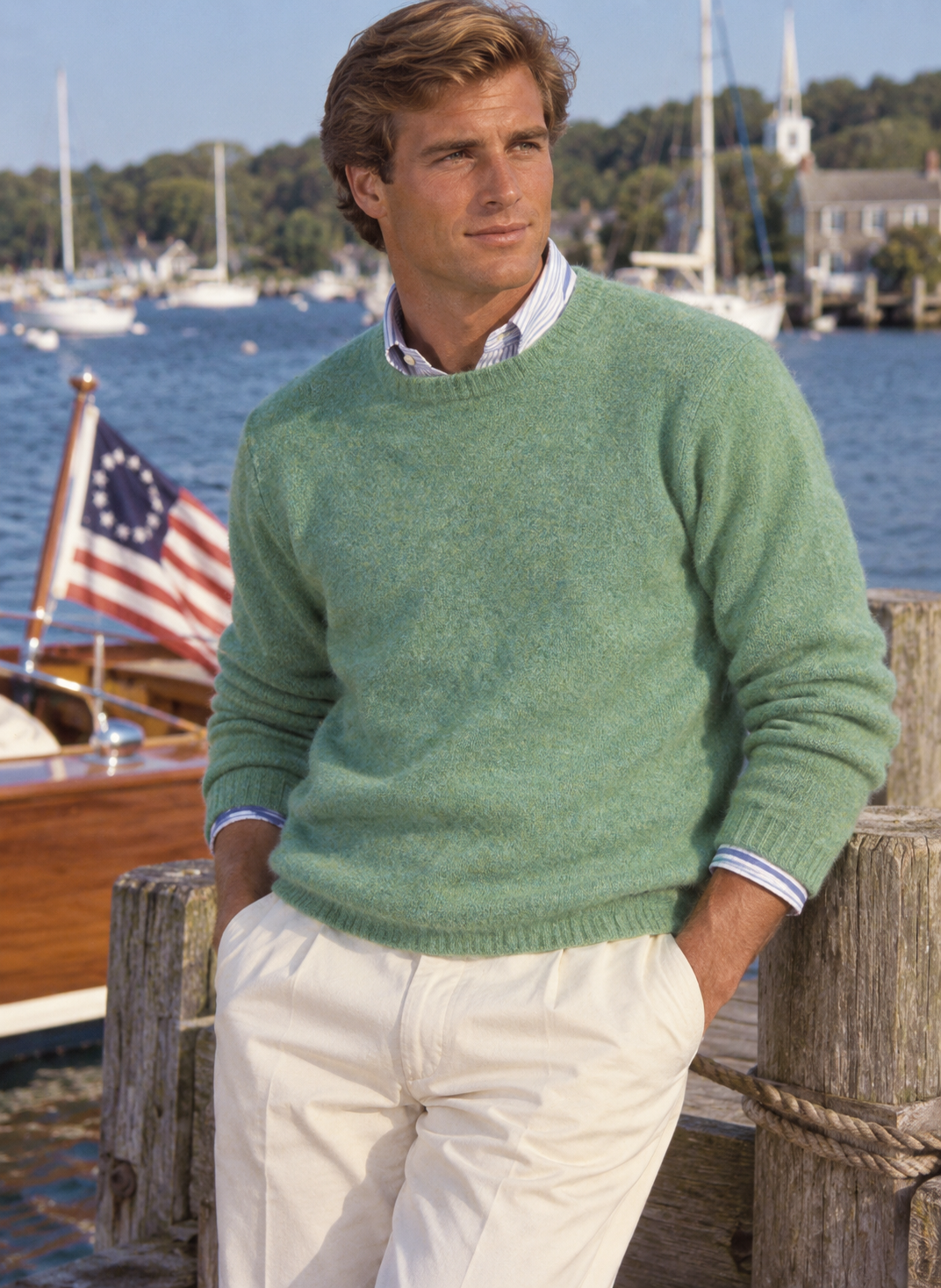 "Harley of Scotland Heather Lovat Green Shaggy Dog Shetland Wool Crewneck Sweater" Sz L (NWT)