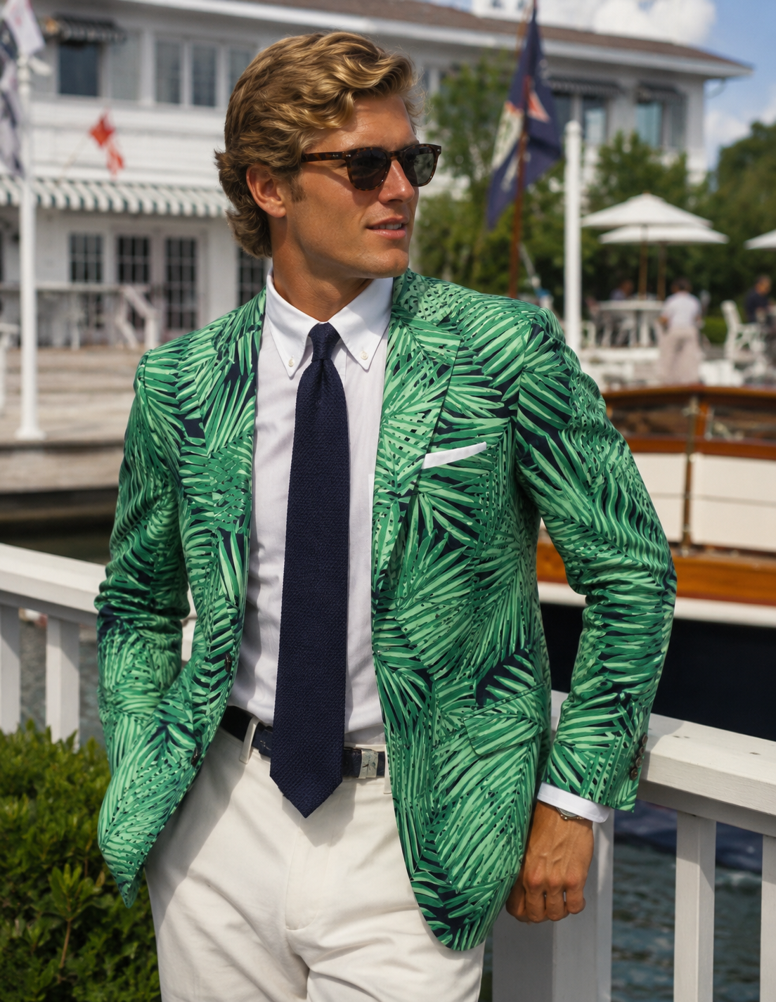 "Brooks Brothers Classic Palm Frond Jungle Print w/ Peak Lapel Cotton Twill Navy Blazer" Sz 40R (NWT)