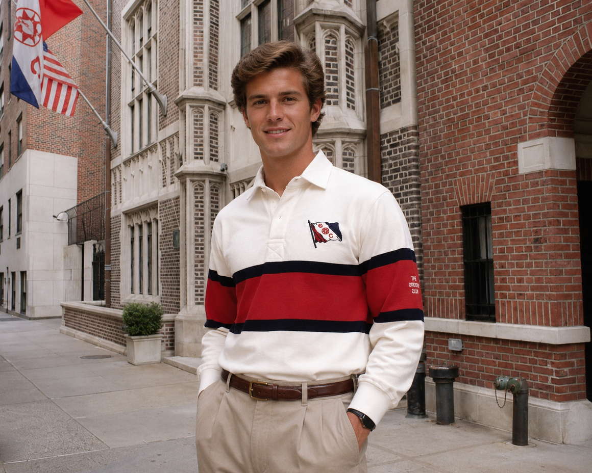 "The Explorers Club Cotton Twill Cream w/ Red/ Navy Rugby Stripe Shirt" Sz: L (NWOT)