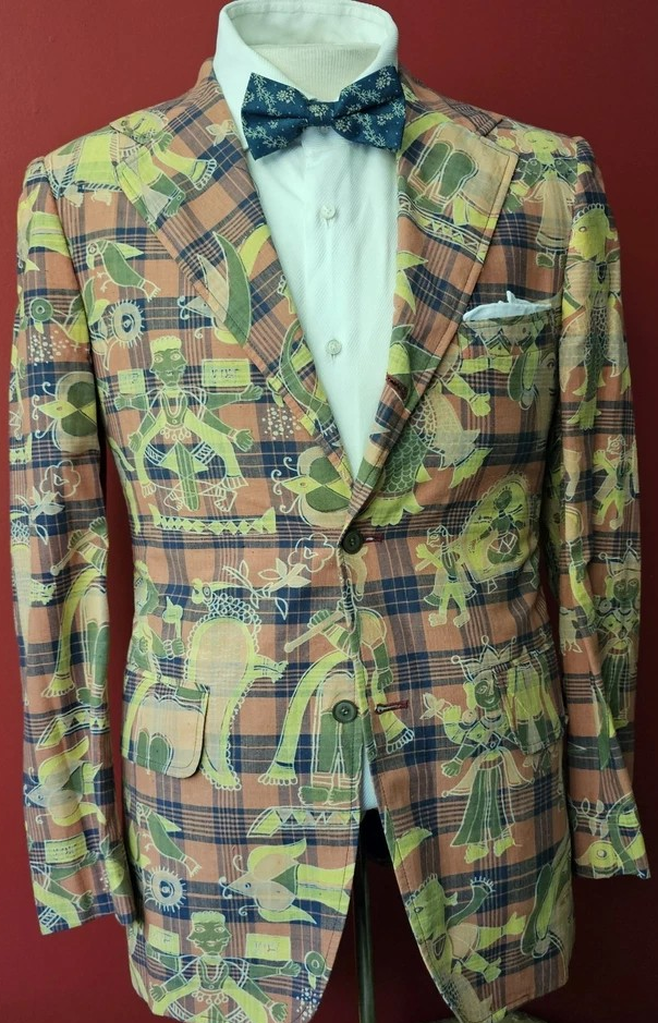 Chipp (Worth) Indian Mughal Batik Summer Madras Coral Plaid Sport Coat Sz 40R
