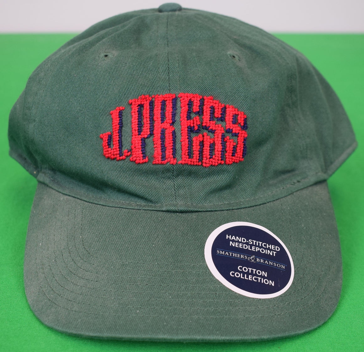 "J. Press Needlepoint Hat- Hunter Green w/ Red JP" (NWT)