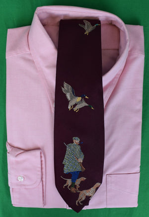 Polo Ralph Lauren Burgundy Silk Tie w/ Jacquard Cloaked Huntsman w/ Retrievers & Mallards In Flight