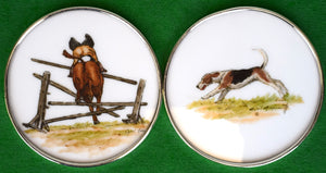 "Set x 2 Cyril Gorainoff Fox-Hunter & Hound Milk Glass Coasters w/ Sterling Silver Rims"