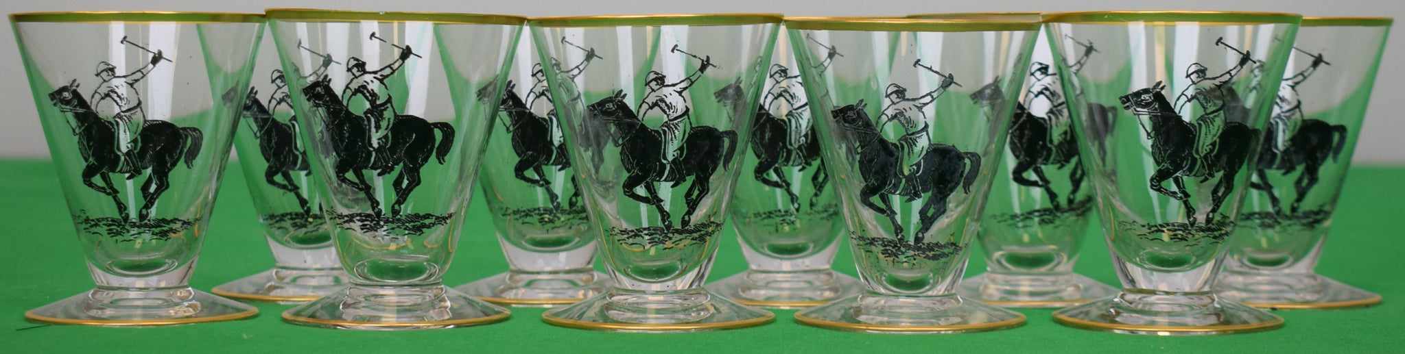 Set x 10 c1930s Hand Enamel Painted Polo Player Cordial Glasses