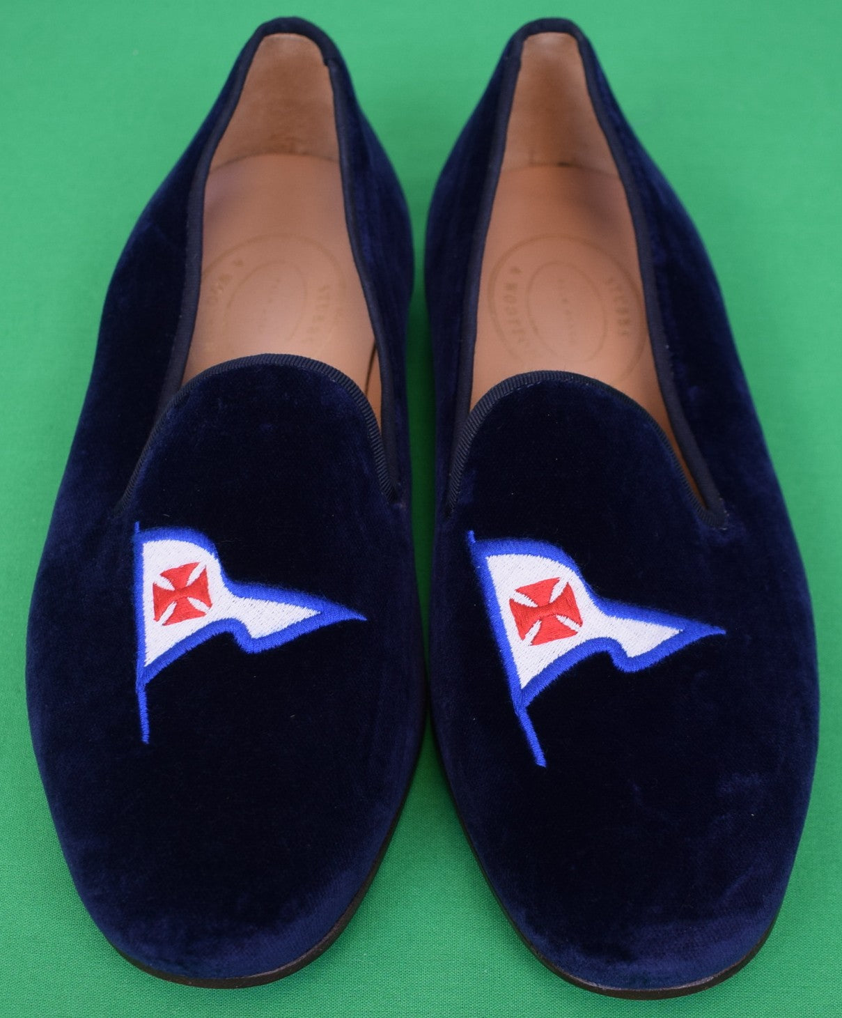 "Stubbs & Wootten Navy Velvet Slippers w/ Riverside Yacht Club Burgee Emblem" Sz 11
