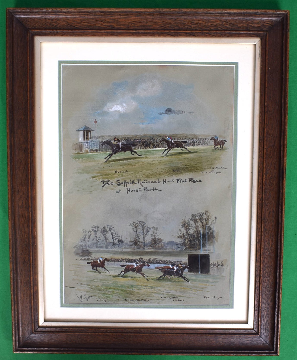 The Suffolk National Hunt Flat Race At Hurst Park c1910 Watercolour by John Beer (British c.1860-1930)