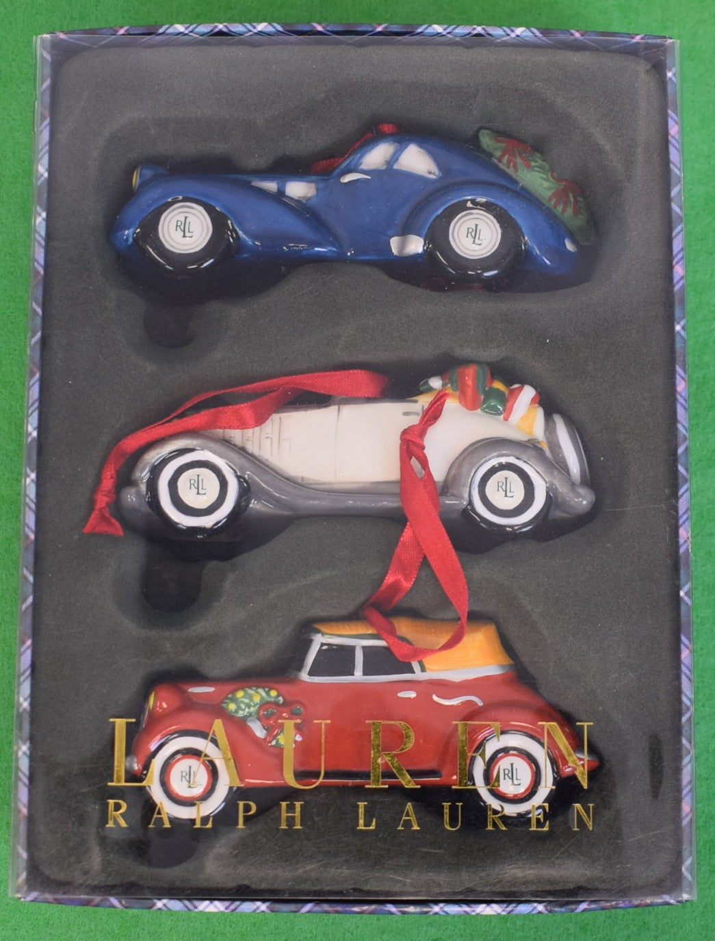 "Box Set x 3 Ralph Lauren Ceramic Classic Roadsters Christmas Ornaments" (New w/ RL Tartan Box)