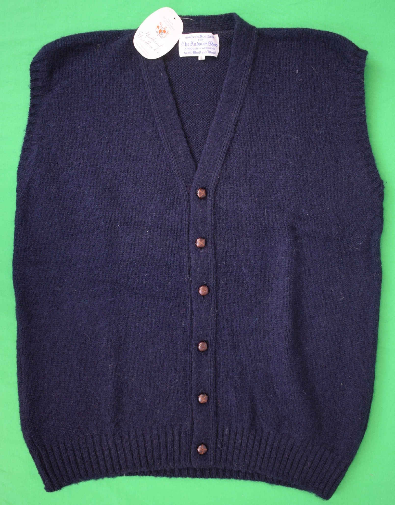 "The Andover Shop Navy Scottish Shetland Wool Cardigan Vest" Sz L (NWT)