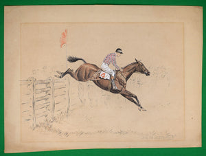 "Good Old Bon Master Gets Over The 3rd Fence At The Maryland Hunt Club" 1931 Gouache by Paul Brown