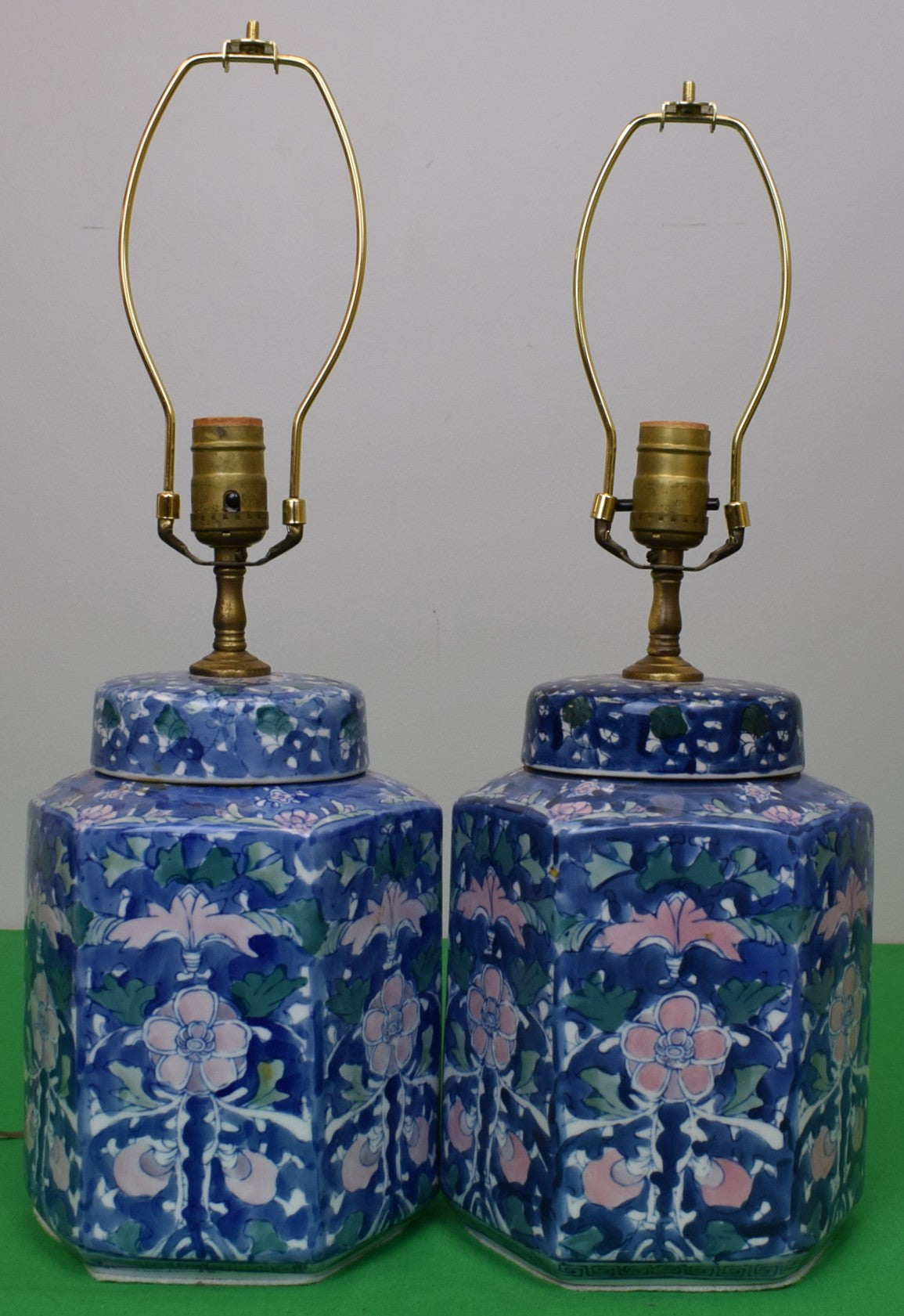 Pair x William Morris Blue w/ Pink & Green Floral Pattern Porcelain Ginger Jar Lamps