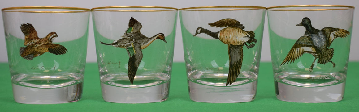 Set x 4 Cyril Gorainoff Hand Enamel Painted Game Bird Old Fashioned Glasses