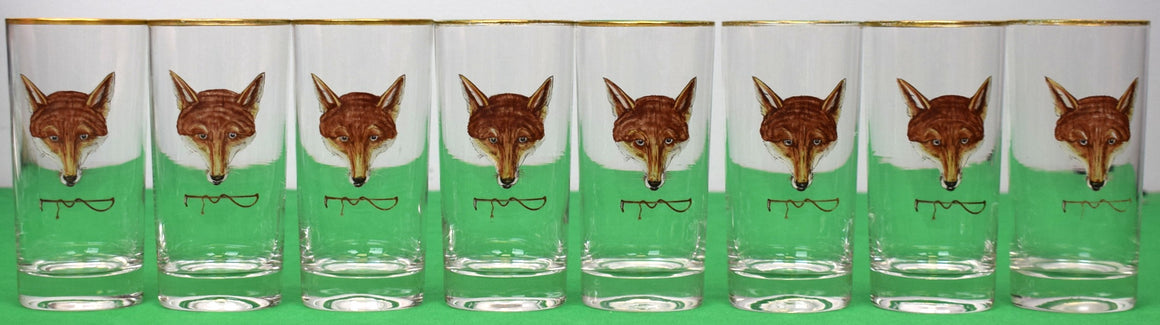 Set x 8 Hand Painted Fox Mask w/ Riding Crop Highball Cocktail Glasses
