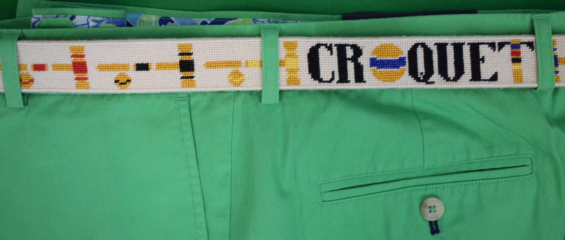 "Hand Needlepoint Croquet Mallet Belt" Sz 34
