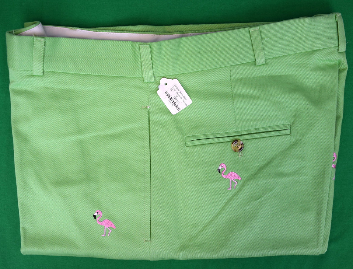O'Connell's Plain Front Bermuda Shorts - Embroidered Flamingos on Lime Twill Sz 34R (NWT)