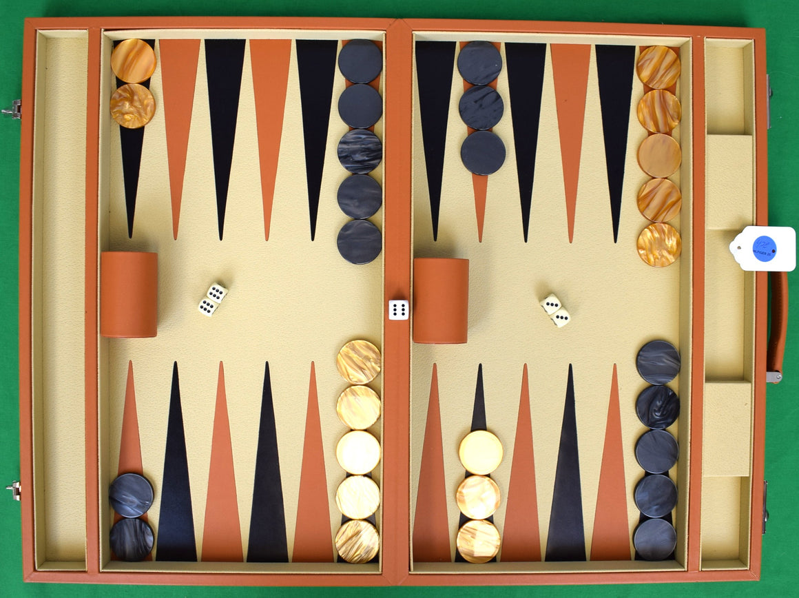 "T. Anthony Tournament Size Tan Leather Backgammon Set" Provenance: The Susie Hilfiger Collection