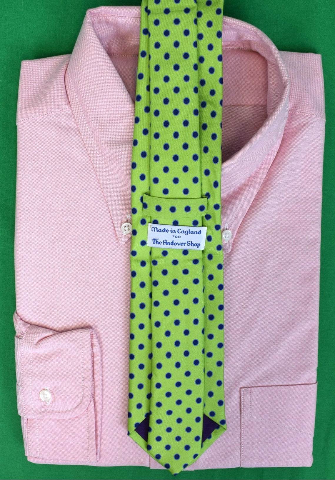 The Andover Shop x Seaward & Stearn Lime Green w/ Blue Polka Dot English Silk Tie