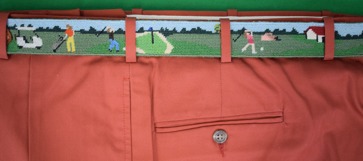Hand Needlepoint Golf Course Scene Belt Sz 34