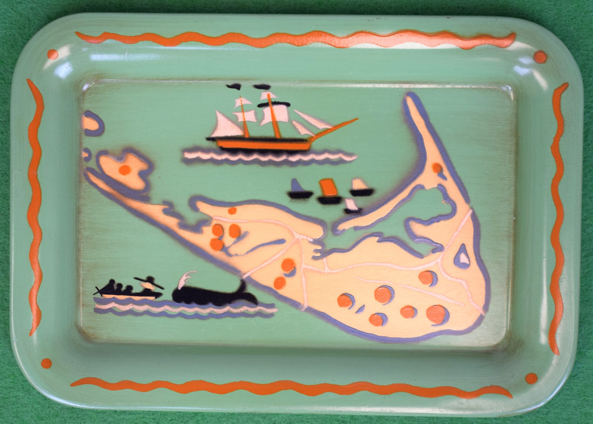 "Tony Sarg Nantucket Map w/ Clipper Ship & Whale Green Catchall Tray" (New/ Old Stock)