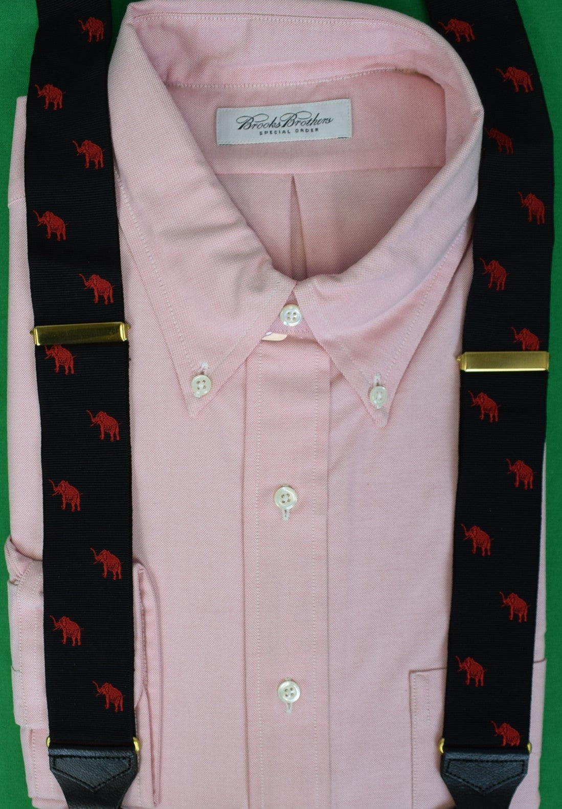 Albert Thurston Black Woven Jacquard Ribbon Braces w/ Red Elephant Motif