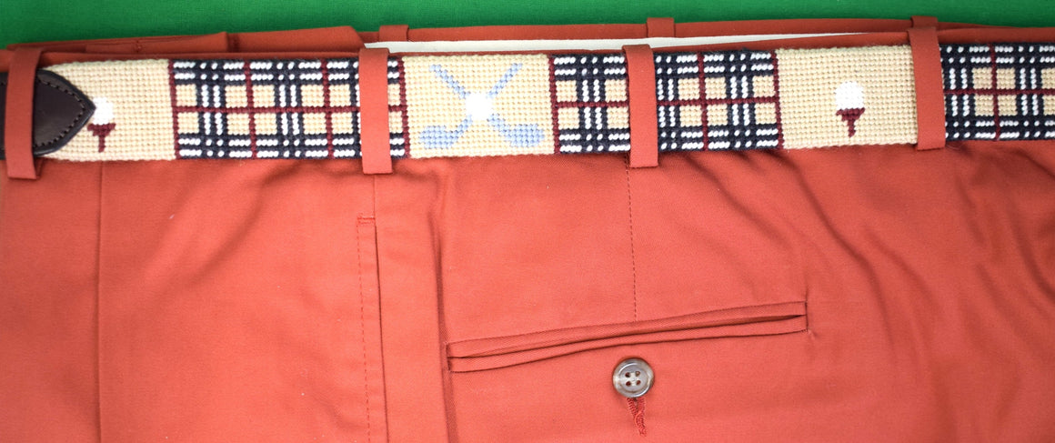 Hand Needlepoint Belt w/ Scotch Plaid Golf Motif Sz 46 (LNWOT)