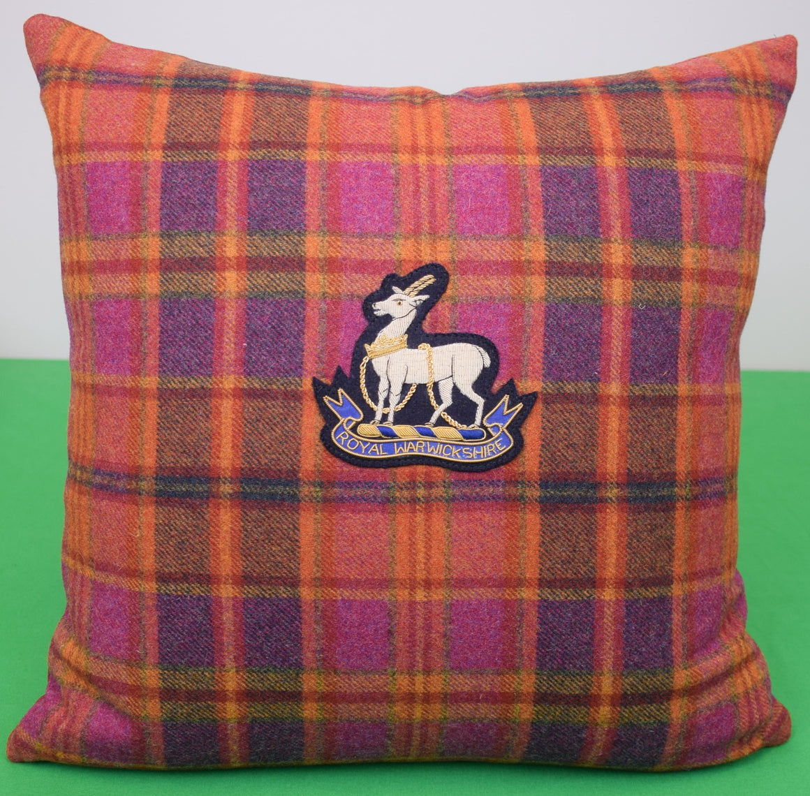 "Ralph Lauren Blanket Plaid Tartan Pillow w/ Royal Warwickshire Stag Gilt Bullion Crest" (NWOT)