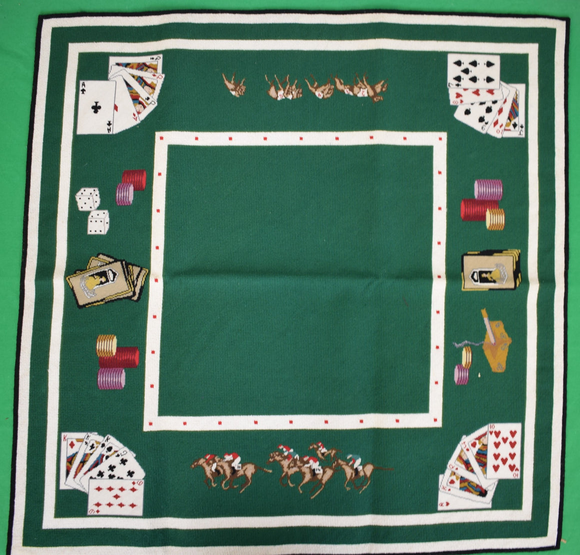 Hand Needlepoint Bridge Table Cover w/ Playing Cards/ Jockeys/ Poker Chips & Greyhound Dogs (New in NM Box)
