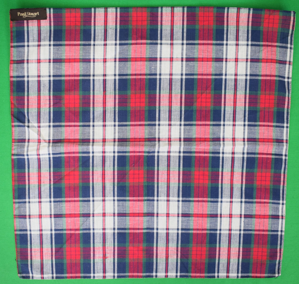 Paul Stuart Madras Plaid Navy/ White/ Red & Green Cotton Pocket Square (NWOT)