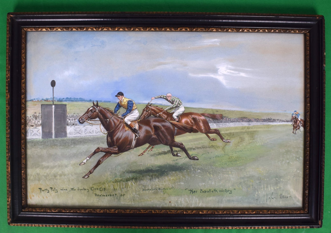 Pretty Polly Wins The Jockey Club Cup Newmarket 1905 "Her Twentieth Victory" w/ Bachelor's Button 2nd Watercolour by John Beer (British c.1860-1930)