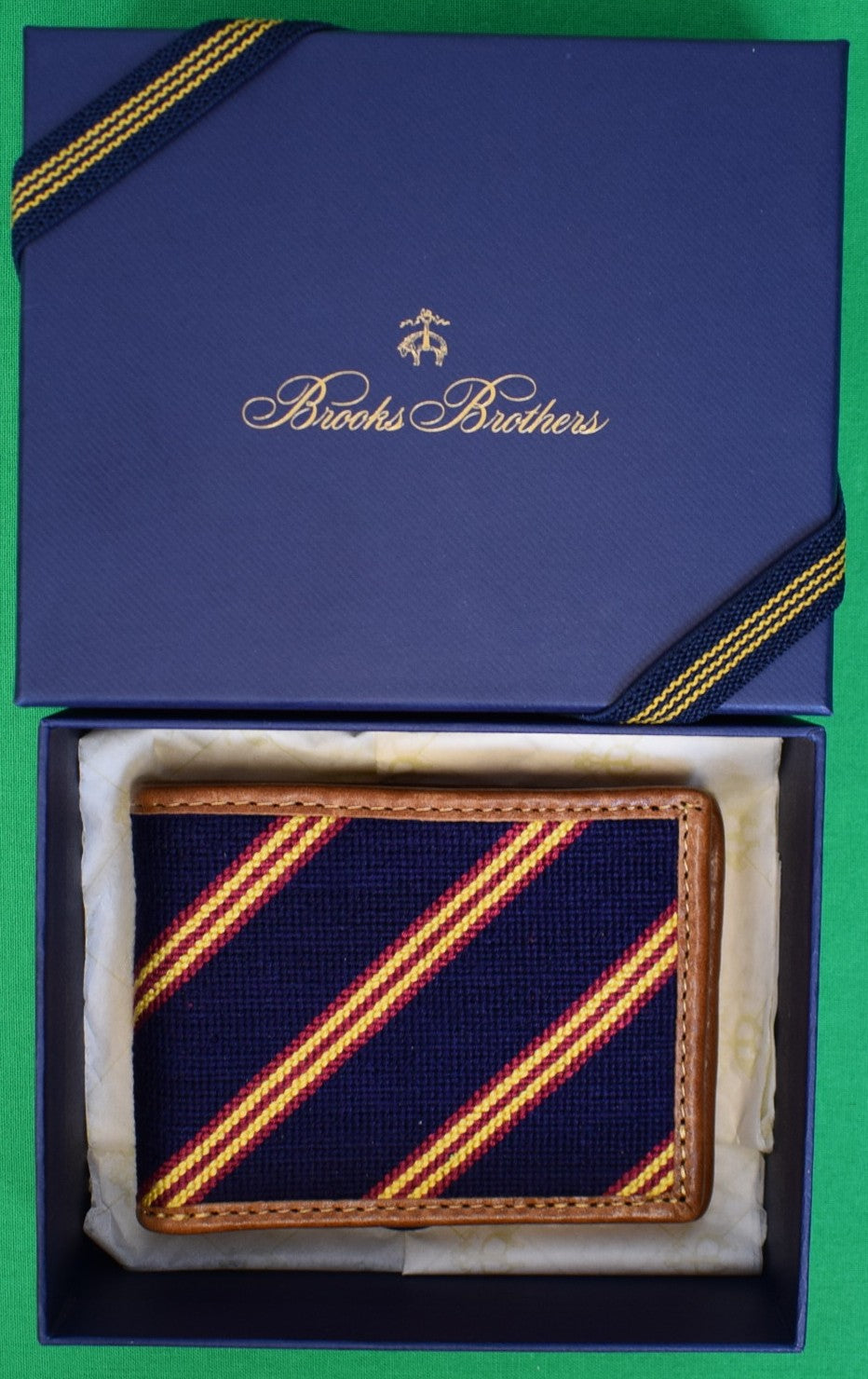 "Brooks Brothers x S&B Needlepoint Navy w/ Burg & Gold Repp Stripe Billfold" (New in BB Box)