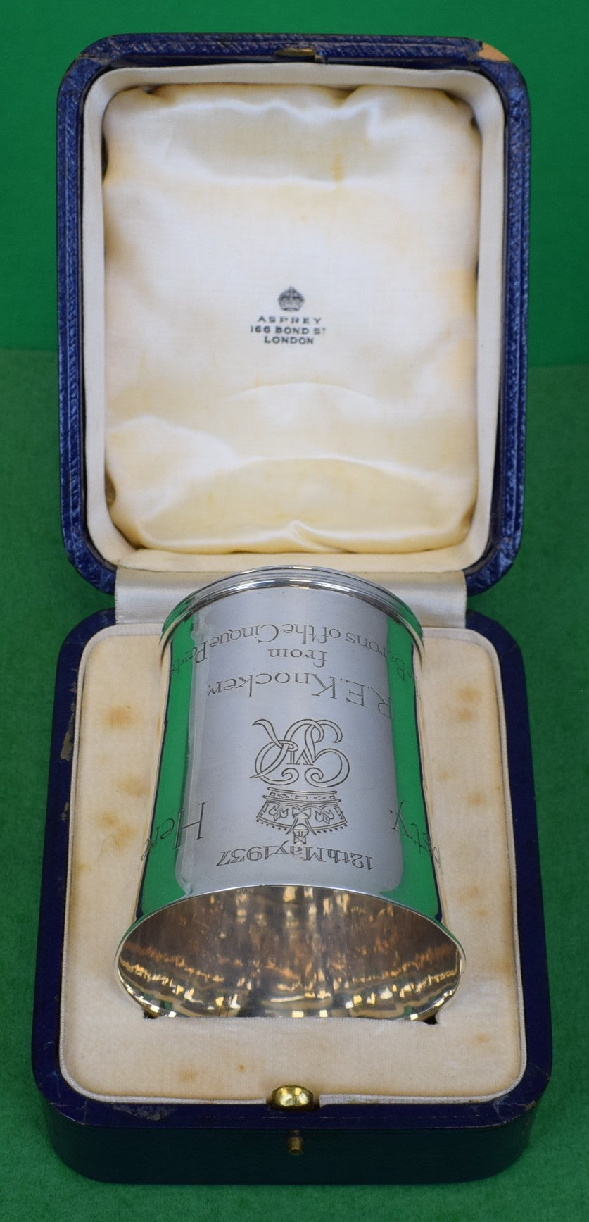Asprey & Co London 1937 Coronation Sterling Silver Beaker Cup Engraved for R.E. Knocker