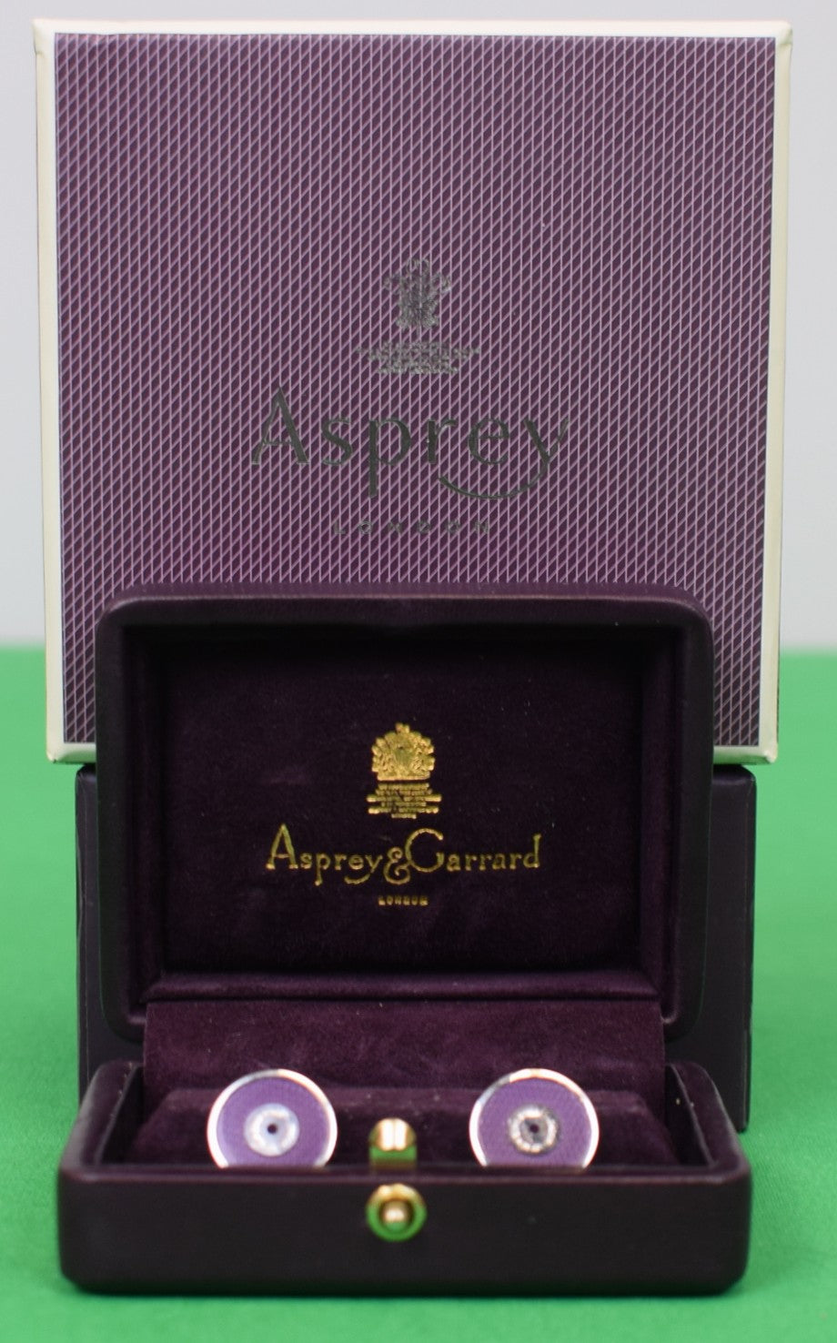 "Asprey 167 Cufflinks In Sterling Silver & Purple Enamel" (New w/ Box)