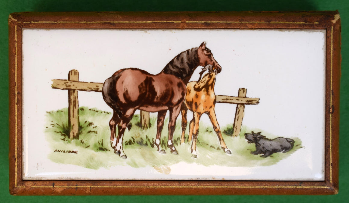 "Abercrombie & Fitch Leather-Lined c1940s Cigarette Box w/ Mare & Foal Enamel Plaque Lid"